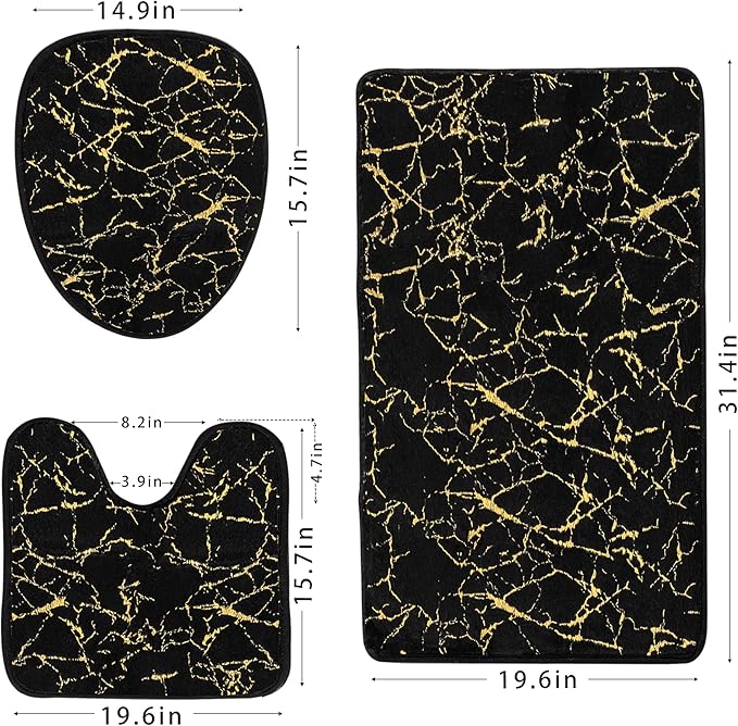 Marble 3-Piece Nonslip Black Gold Bathroom Rugs and Mats Set - Soft, Washable, Water Absorbent Shower Rug with U-Shaped Contour and Toilet Lid Cover