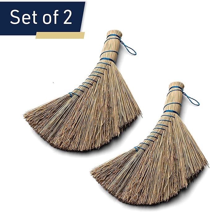 Set of 2 Natural Straw Whisk Brooms - 12.5 Inch Small Hand Broom Set with Ergonomic Shape for Multi-Surface Cleaning - Stiff Bristle Brushes for Indoor and Outdoor Use by Kings County Tools