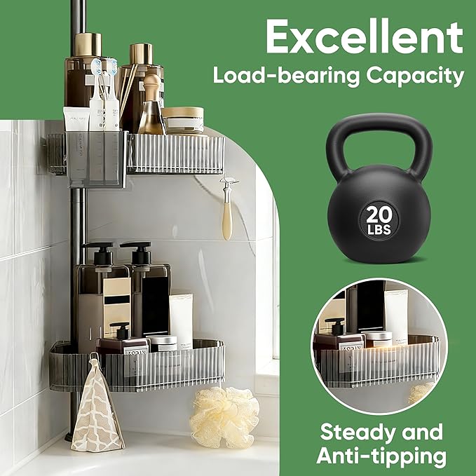 4 Tier Corner Shower Caddy with Modular Poles ABS Basket & Carbon Steel Shower Organizer Adjustable Tension Rod Screw Free Shower Caddy Wall Mounted Rack Shelves Storage Bathroom Accessories