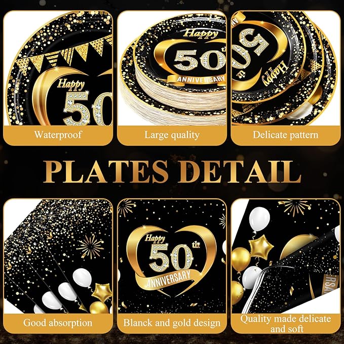 Pickmesh 400 Pcs 50th Wedding Anniversary Party Supplies - Black and Gold Disposable Paper Plates, Napkins and Cups - Tableware Decorations for Men and Women