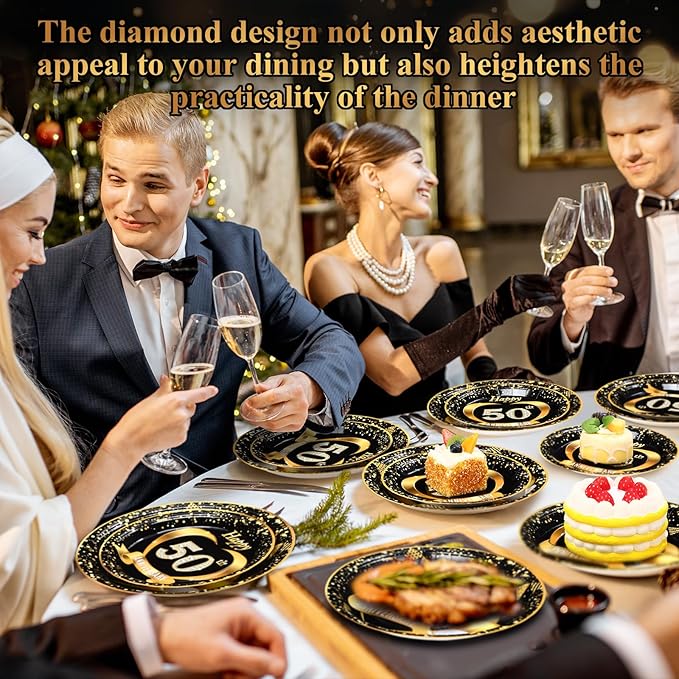 Pickmesh 400 Pcs 50th Wedding Anniversary Party Supplies - Black and Gold Disposable Paper Plates, Napkins and Cups - Tableware Decorations for Men and Women