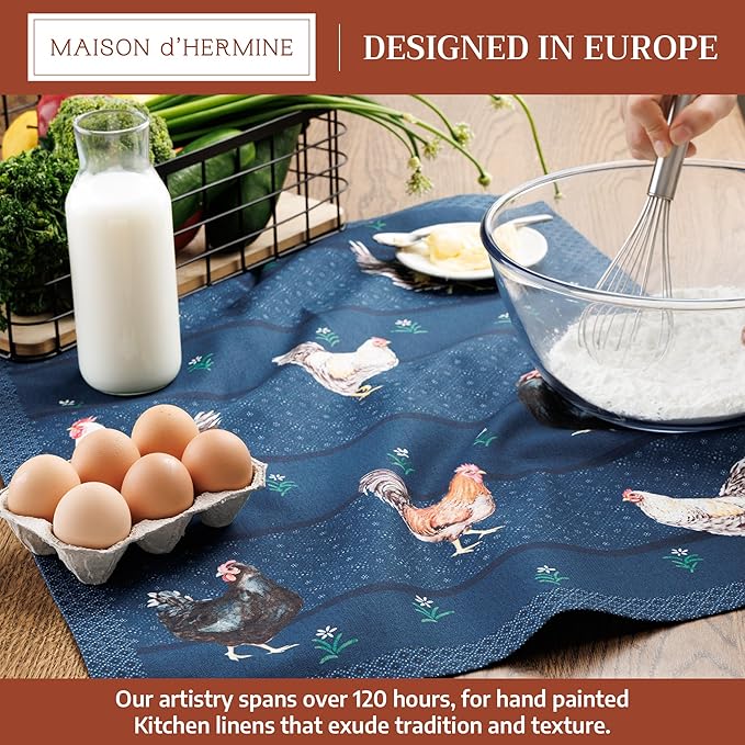 Maison d'Hermine Kitchen Towels Set of 2 100% Cotton 27.50" x 20" Reusable Cloth Tea Dish Towels Absorbent with Hanging Loop for Kitchen, Home, Dining, Cocktail Parties (Meadow Rooster)