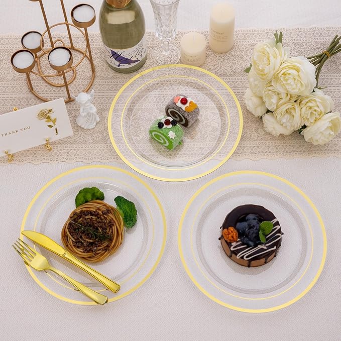 Goodluck 200PCS Clear Gold Plastic Plates, Heavy Duty Disposable Clear Plates with 100 10.25 inch Dinner Plates and 100 7.5 inch Dessert Plates for Party, Holiday, Wedding