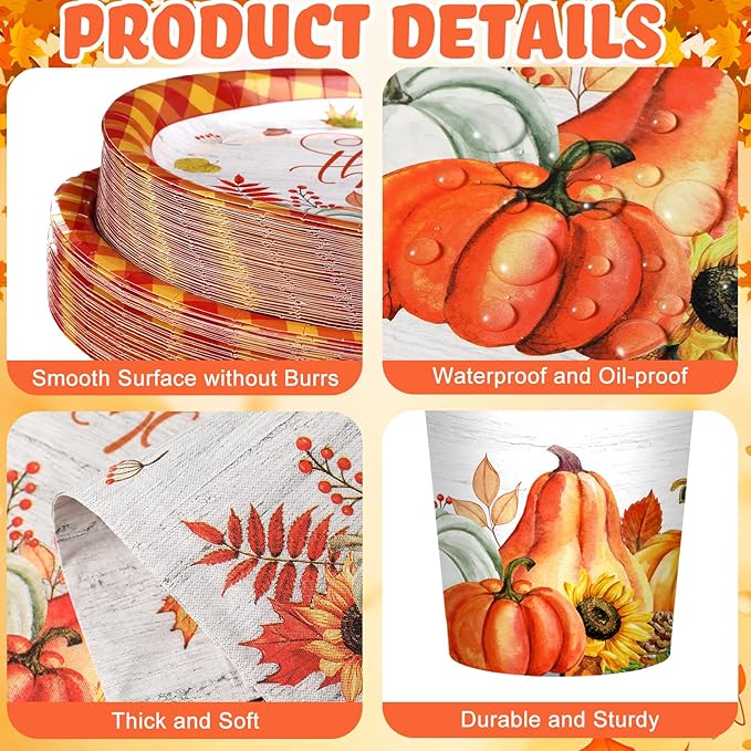Havawish 350 Pcs Fall Thanksgiving Party Supplies Give Thanks Tableware Set Orange Buffalo Plaids Pumpkin Disposable Oval Plates Cups Napkins Fork Knife Spoon Dinnerware for Autumn Party Table Decor