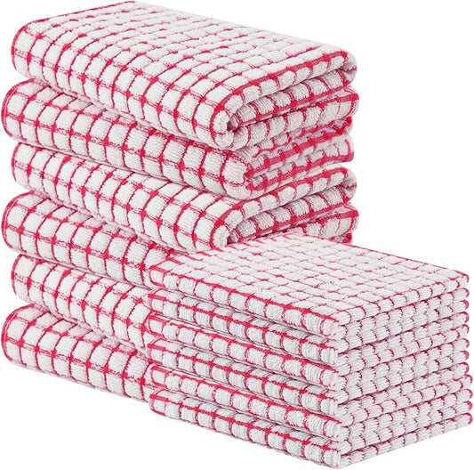 Homaxy Kitchen Towels and Dishcloths Set, 16 x 25 and 12 x 12 Inches, Set of 12 Cotton Terry Kitchen Dish Towels, Super Soft and Absorbent Dish Cloths, Red