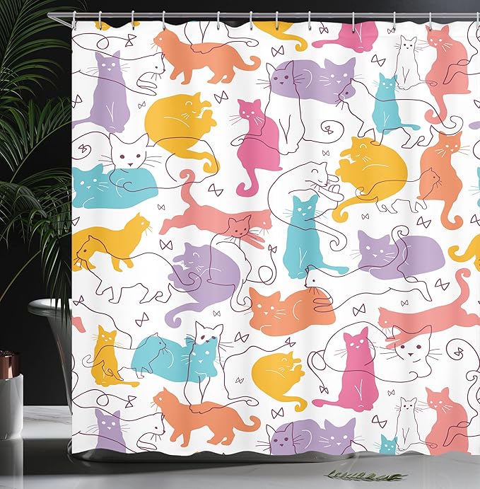 Ambesonne Cat Shower Curtain, Colorful Cats Jumping Playing Sitting Relaxing Feline Joyful Modern Line Art, Cloth Fabric Bathroom Decor Set with Hooks, 69" W x 84" L, Mustard Purple
