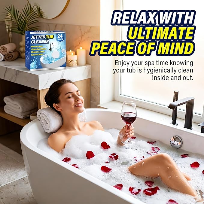Jetted Tub Cleaner Tablets (24 Count) - Effective Whirlpool & Hot Tub System Flush - Eliminates Soap Scum, Gunk, and Stubborn Black Flakes - Heavy Duty Formula for Clean & Odor-Free Pipes