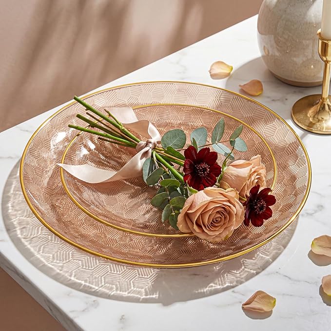 Festiva 60PCS Clear Brown Gold Plastic Plates - Heavy Duty Brown Disposable Plates With Gold Rim -serve for 30 guests Include Each 30PCS 10.25"&7.5" Honeycomb Design Plates for Party(Mocha Mousse)