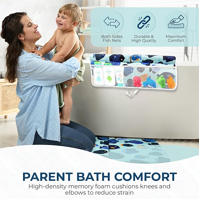 TubbieBuddies Bath Kneeler and Elbow Rest Pad Set – Fish-Themed Baby Bath Cushion with 4 Large Mesh Storage Pockets – Thick Non-Slip Foam, Suction Cups, & Foldable for Easy Storage