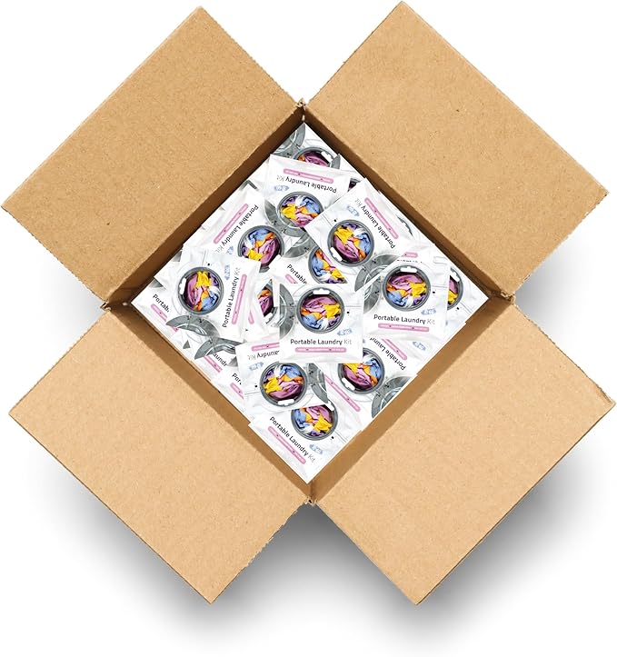 Portable Laundry Kit – Travel Clothes Cleaning Essentials with Liquid Detergent, Stain Remover Wipe, Dryer Sheet & Laundry Bag – Bulk Supply for Motels, Camping & Charities (50 Packs)