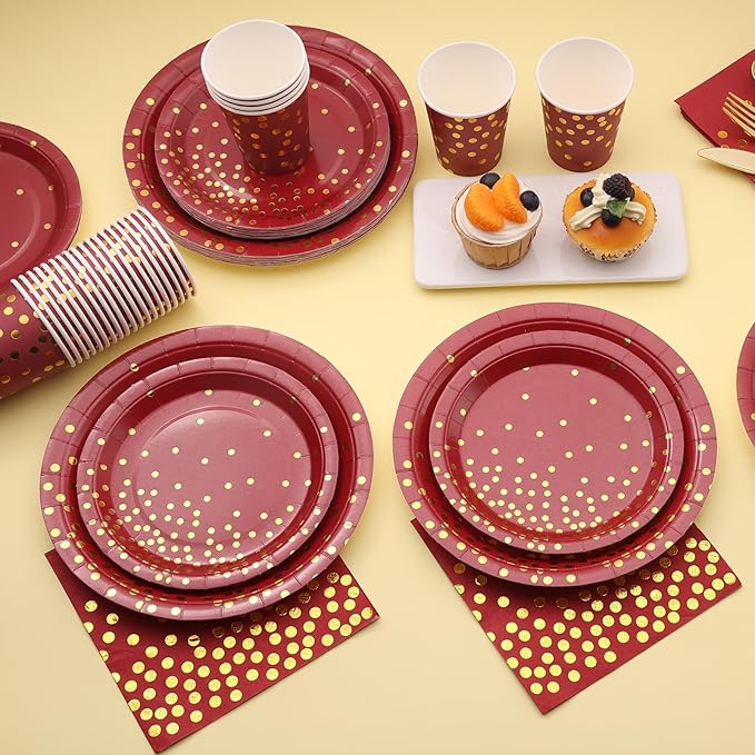 175 PCS Burgundy and Gold Party Supplies - Burgundy Plates and Napkins Sets Serve 25 Guests - Maroon and Gold Paper Plates for Birthday Wedding Graduation Holiday Party Decorations