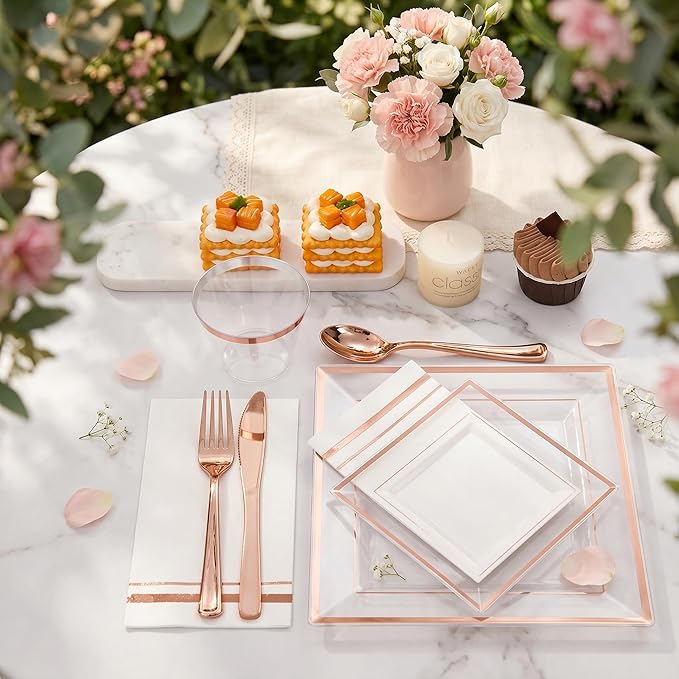 Festiva 350Pcs Rose Gold Plastic Plates - Clear Rose Gold Disposable Dinnerware Sets for 50Guests include 100 Plates 50 Cups 50Plastic Cutlery 50Napkins for Party&Wedding& Mother's Day