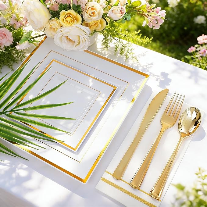 Festiva 350Pcs Gold Plastic Plates - Disposable Square Gold Plates Dinnerware set include 9.5"/6" Plates,Cups,Plastic Cutlery,Hand Napkins Perfect for 50 guests Party&Birthday&Wedding