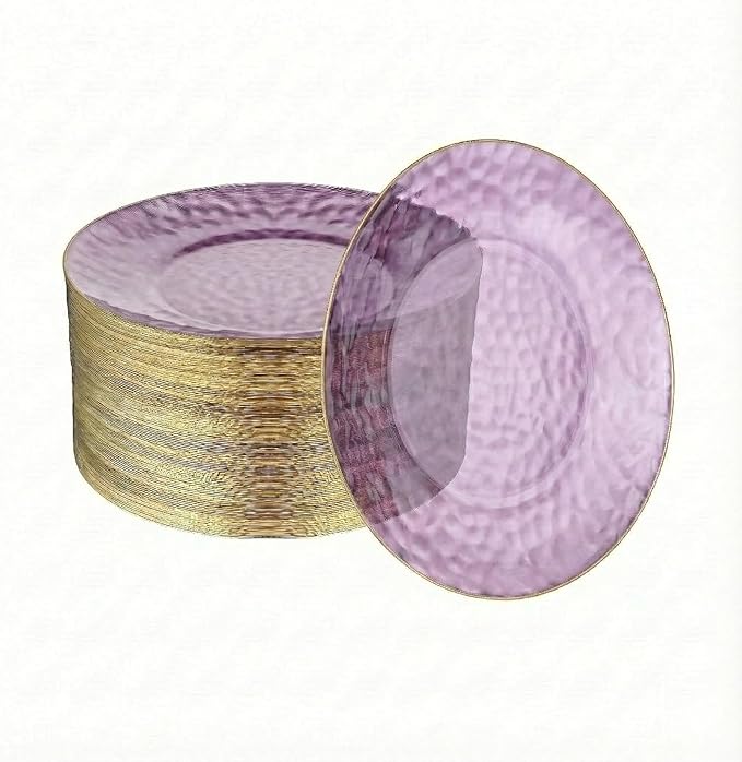 R-kay 100 Pack Purple Plastic Plates - 6 Inch Hammered With Gold Rim, Sturdy, Durable And Extra Heavy duty Purple Plastic Dessert Plates Disposable - Ideal For Appetizer And And For Desserts.