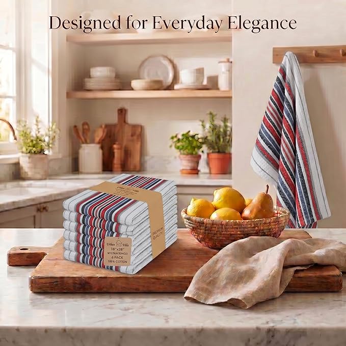 Urban Villa Kitchen Towels, Premium Quality, Cotton Dish Towels,Mitered Corners,Ultra Soft (Size: 20X30 in), White Waffle Stripes, Highly Absorbent Bar Towels & Tea Towels - (Set of 6)