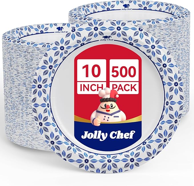 JOLLY CHEF 10 inch Disposable Paper Plates 500 Count, Soak Proof, Cut Proof, Heavy Duty Paper Plates for Party or Everyday Use
