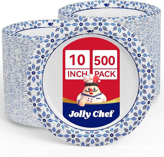 JOLLY CHEF 10 inch Disposable Paper Plates 500 Count, Soak Proof, Cut Proof, Heavy Duty Paper Plates for Party or Everyday Use