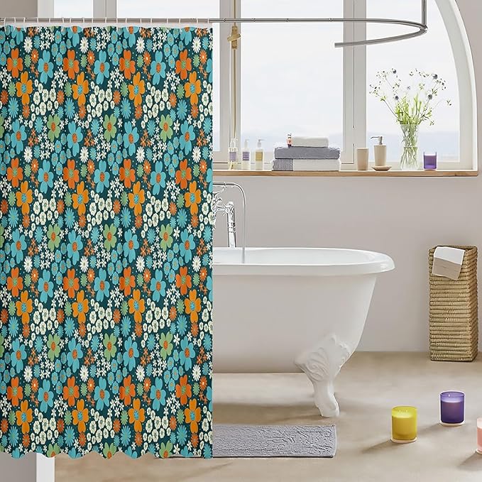 Retro Floral Fabric Shower Curtain 72" Wx78 L Vintage 70S 60S Groovy Bathroom Shower Curtain Sets Orange Blue Flowers Shower Curtain Boho Exotic Hippie Bathroom Accessories Aesthetic Home Decor