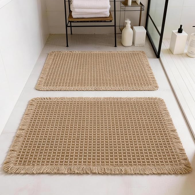 Set of 2 Waffle Bathroom Rugs, Non Slip Absorbent Waffle Knit Bath Mat for Shower Floor, Tub and Bathroom Door, Ultra Soft Quick Dry, Brown, 18"x30"+24"x36"
