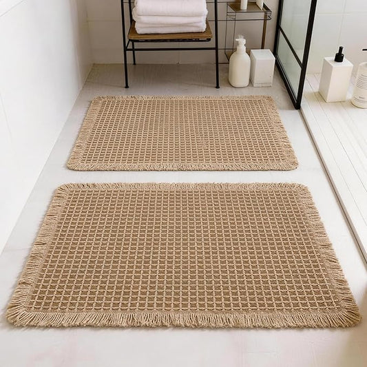 Set of 2 Waffle Bathroom Rugs, Non Slip Absorbent Waffle Knit Bath Mat for Shower Floor, Tub and Bathroom Door, Ultra Soft Quick Dry, Brown, 18"x30"+24"x36"