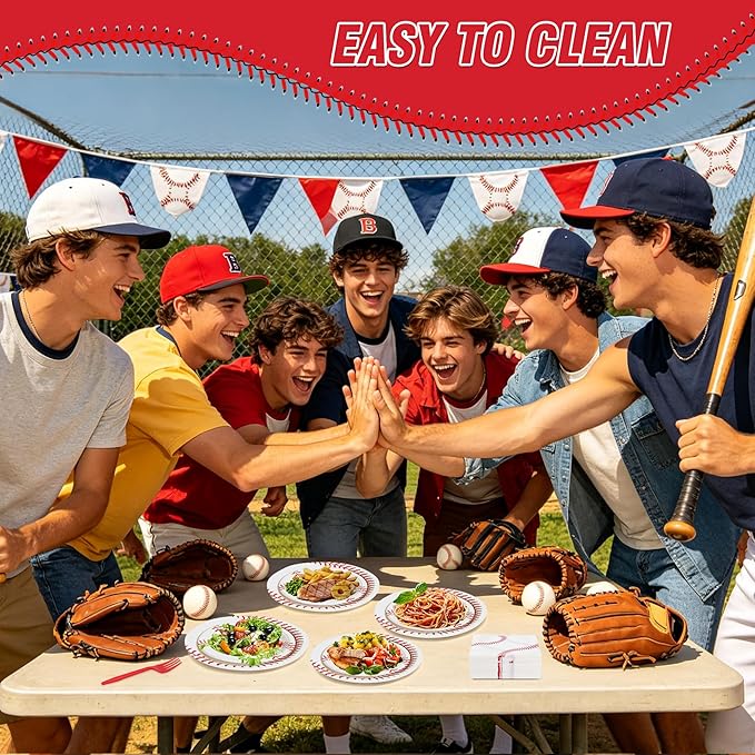 100 Pcs Baseball Party Supplies for 25 Guests, Heavy-Duty 7" & 9" Paper Plates, 2-Ply 13" Napkins & Plastic Forks, Disposable Baseball Themed Tableware Set for Game Day and Birthday
