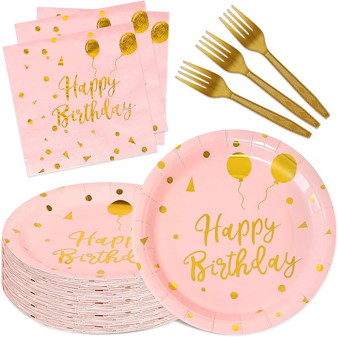 75 Pcs Happy Birthday Paper Plates,Serves 25 Guests Rose Gold Plates and Napkins with Gold Forks,Disposable Paper Tableware Set for Birthday Party Decorations