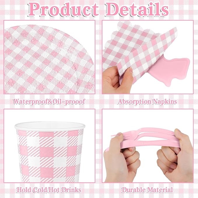 NatNarr 175 Pcs Pink Gingham Party Supplies Include Pink Gingham Plates and Napkins Cups Disposable Checkered Dinnerware Set for Picnic, Baby Bridal Shower, Wedding Decorations