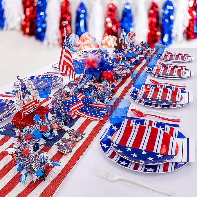 Festiva 175Pcs 4th of July Plates & Red White Blue Disposable Plastic Silverware &Clear Blue Cups-American Flag Patriotic Party Supplies for,4th of July&Memorial Day