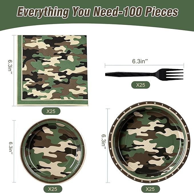 100 Pcs Camouflage Party Supplies for 25 Guests, Heavy-Duty 7" & 9" Paper Plates, 2-Ply 13" Napkins & Plastic Forks, Disposable Deep Green Camo Tableware Set for Hunting Army Military Party