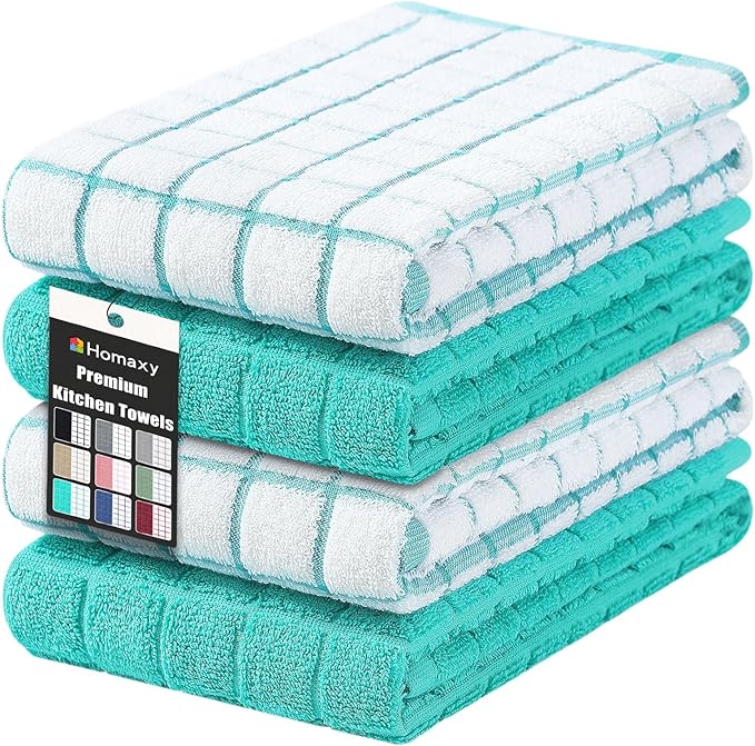 Homaxy Premium Cotton Kitchen Towels 16"x 28", Large Natural Ring Spun 390 GSM Dish Towels, Super Absorbent Terry Kitchen Hand Towels, Soft Tea Towels with Hanging Loop, Aqua Check Design, 4 Pack