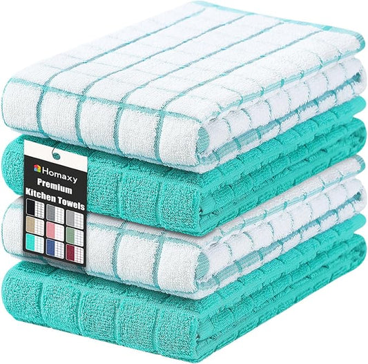 Homaxy Premium Cotton Kitchen Towels 16"x 28", Large Natural Ring Spun 390 GSM Dish Towels, Super Absorbent Terry Kitchen Hand Towels, Soft Tea Towels with Hanging Loop, Aqua Check Design, 4 Pack