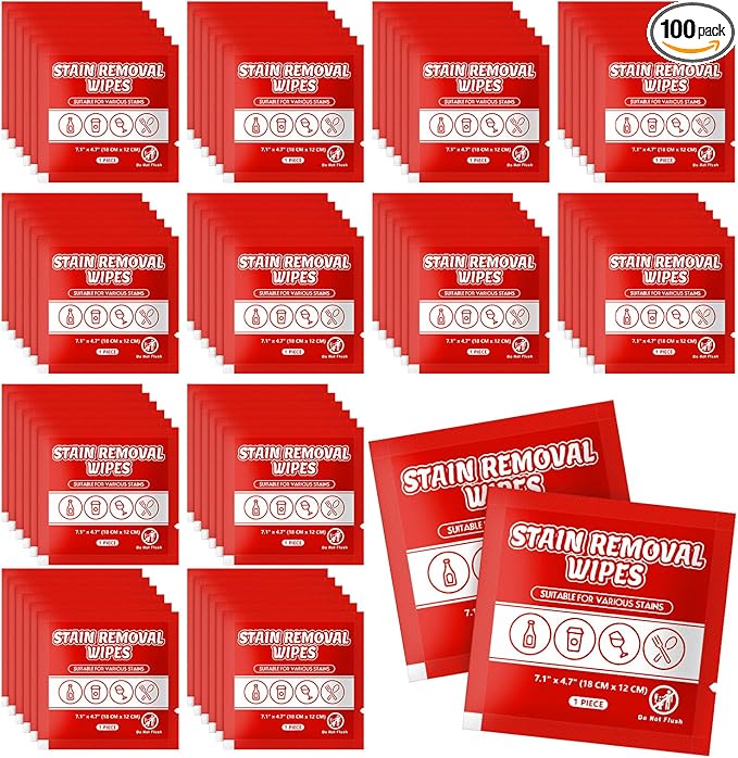 Stain Remover Wet Wipes Bulk, Individual Wrapped Clothes Portable Travel Messy Eater Cleaning Laundry Stain Removal Wipes Pocket Size for Clothing Fabric/Shoes/Wine/Fast Food 7.1 x 4.7 Inch (Red 100)