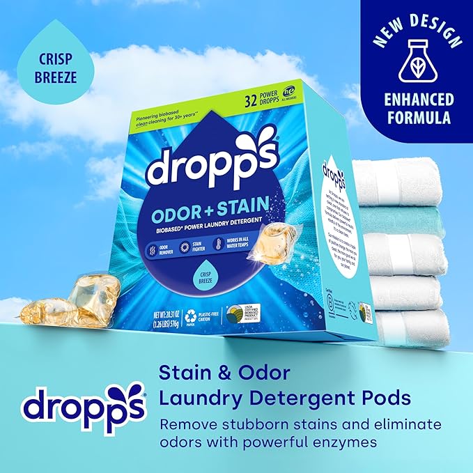 Dropps Odor & Stain Laundry Detergent Pods, Crisp Breeze (32 Count) - Powerful Laundry Pods | Complete Clean Laundry Soap | Fights Odors & Stains | Clean Ingredients | Plastic Free Packaging