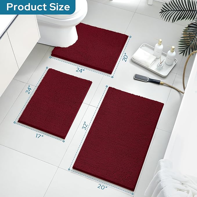 BYSURE Burgundy Red Bathroom Rugs Sets 3 Piece Non Slip Extra Absorbent Plush Chenille Soft Washable Bath Mats