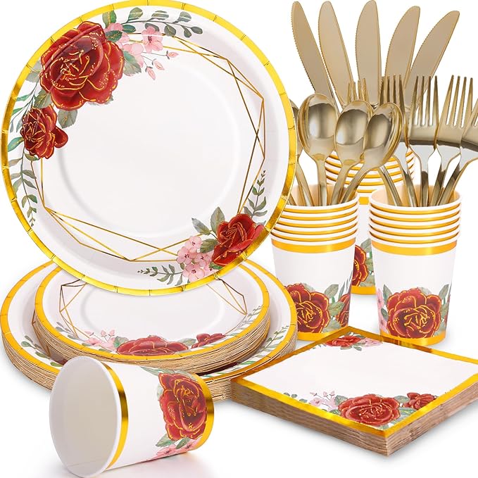 Floral Paper Plates Party Supplies 168PCS Bridal Shower Plates and Napkins Set Disposable Serve 24 Guests, Burgundy Flower Plates Disposable for Women Birthday Party Decorations