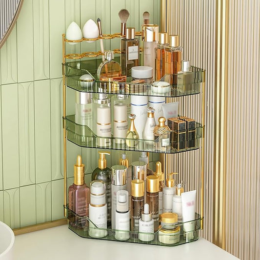 Corner Bathroom Counter Organizer with Makeup Brush Holder & Toothbrush Holders, Makeup Organizer for Vanity Countertop, Acrylic Skincare Storage Shelf (Green, 3-Tier)