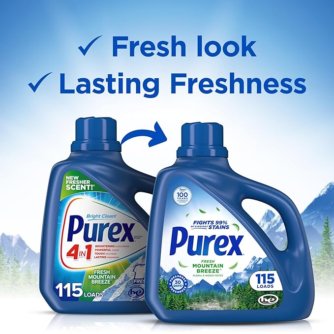 Purex Fresh Mountain Breeze Liquid Laundry Detergent, 150 fl oz, 115 loads.