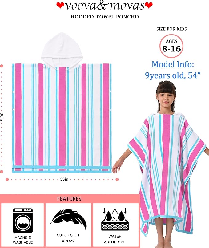 VOOVA & MOVAS Hooded Bath Towels for Big Kids (8-16Years), 100% Cotton Absorbent Thick Poncho Towel for Teens, Perfect for Pool, Beach, Bath, Pink Blue White Stripe