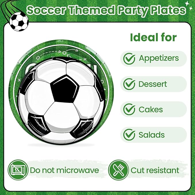 Mulbozy 100 Soccer Party Decorations, Soccer Themed Plates and Napkins Disposable Set Includes 25-9" & 25-7" Dessert Cake Plates, Napkins, Forks for for Birthday Party Supplies
