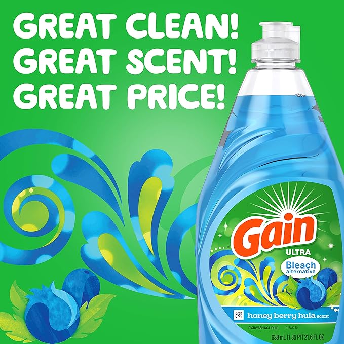 Gain Ultra Bleach Alternative Dishwashing Liquid Dish Soap, Honey Berry Hula Scent - 21.6 Fluid Ounce (Pack of 2)
