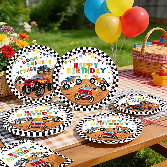 96 Pieces Monster Truck Plates and Napkins Birthday Party Supplies, Black and White Checked Monster Car Disposable Tableware with Paper Plates Napkins and Forks for Birthday Party Decor - Serves 24