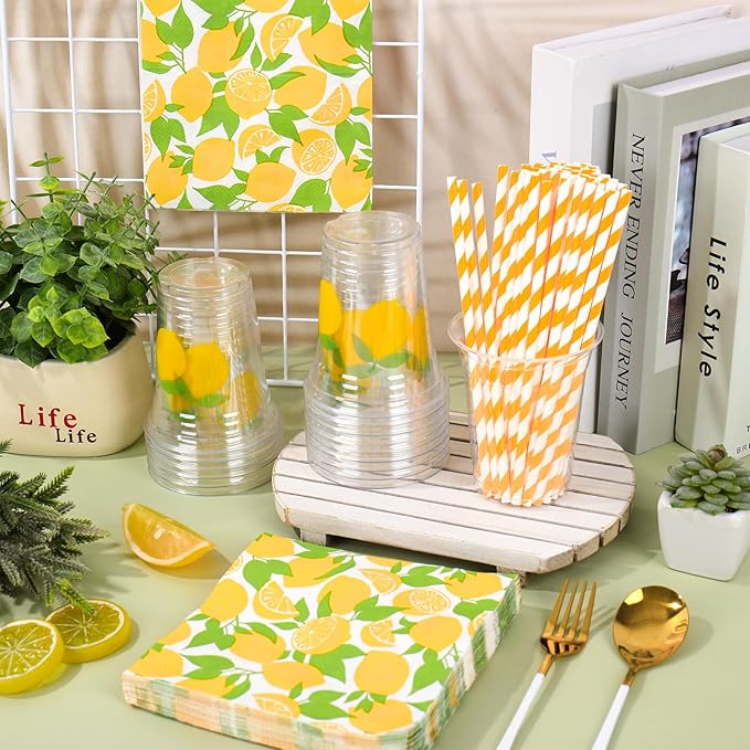 FYSUIMU 150 Pcs Summer Tableware Set for 50 Guests Yellow Lemon Paper Napkins Disposable Plastic Cups with Lids and Straws for Holiday Birthday Baby Shower Party Supplies