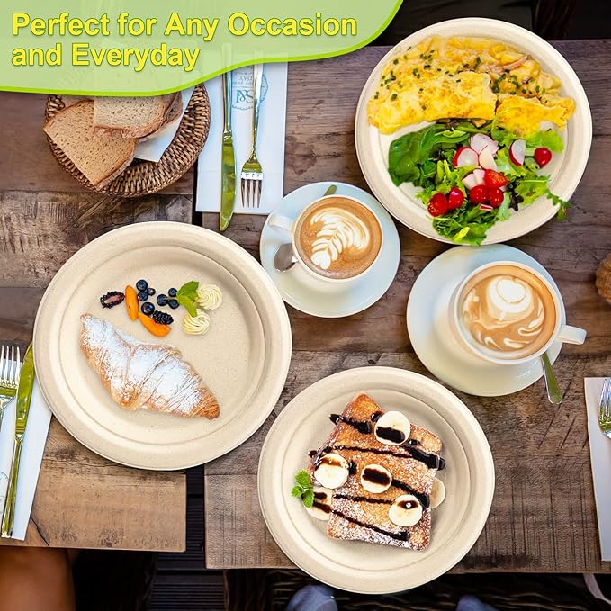 Small Paper Plates 100 Pack, 7 inch Paper Dessert Plates, 100% Compostable Biodegradable Eco Friendly Plates, Disposable Brown Paper Plates Bulk