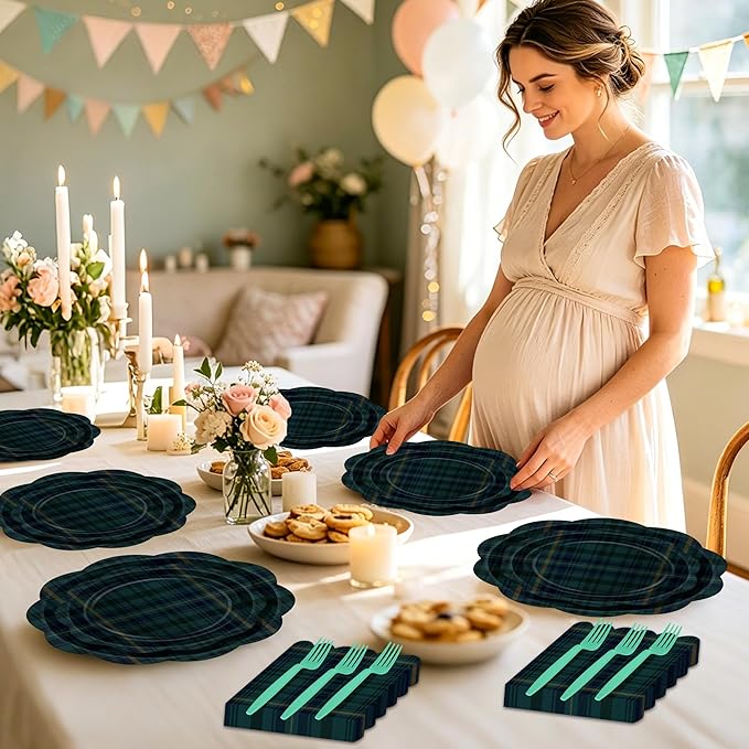 96 Pcs Tartan Plaid Baby Shower Plates and Napkins Set, Blue Green Baby Shower Party Supplies for 24 Guests include Disposable Green Tartan Scalloped Plates, Napkins and Forks for Baby Shower Wedding