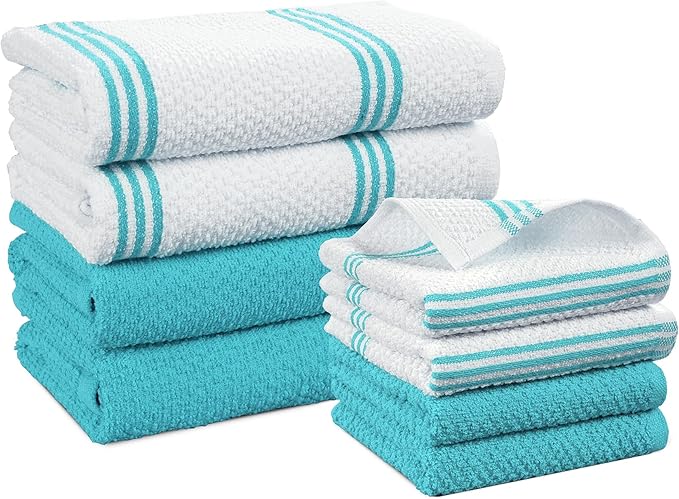 Casa Platino Kitchen Towel Set 8 Pc - 4 Dish Cloths (13"x13") & 4 Dish Towels (16"x26") - Soft, Absorbent & Quick Dry Cleaning Cloths, Hand Towels for Kitchen & Wash Rags for Absorbing Spills - Aqua.