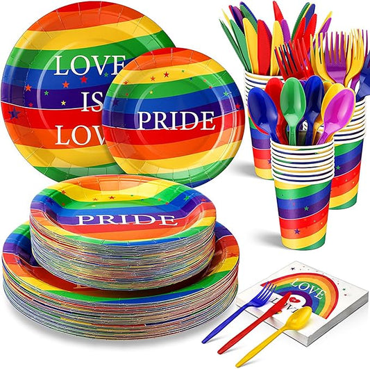 FillTouch 350 Pcs Rainbow Gay Pride Month Lgbtq Party Supplies Set Rainbow Disposable Paper Plates Love Napkins Cups Knives Forks Spoons for 50 Guests Gay Pride Party Parade Club Festival Events