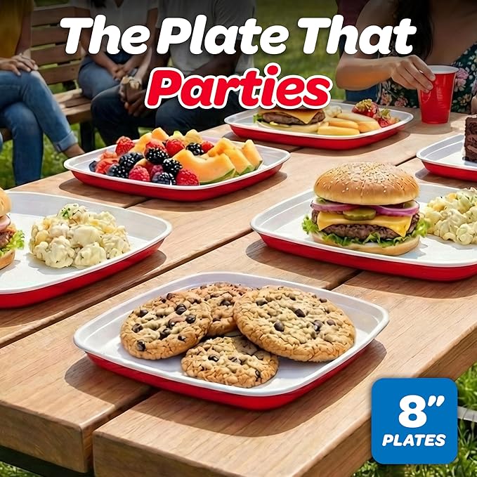 GoBig Red Plastic Disposable Plates - 50 Count 8 Inch - Square Heavy Duty Red Cup Party Plates