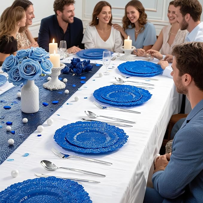 DaYammi 60Pcs Blue Plastic Plates - Sapphire Blue Plates Disposable & Reusable - Heavy Duty Plastic Plates for Party Including 30 Dinner Plate,30 Dessert Plate for Weddings,Dinner