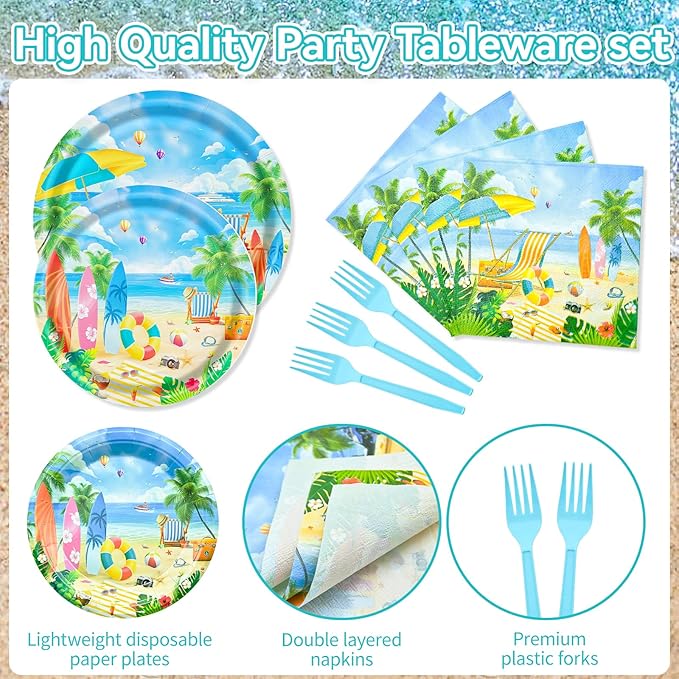 96 Pieces Summer Beach Tableware Set Party Supplies - Tropical Themed Disposable Dinnerware with Paper Plates, Napkins, and Forks for Picnics, Birthdays, Pool Celebrations - Serves 24