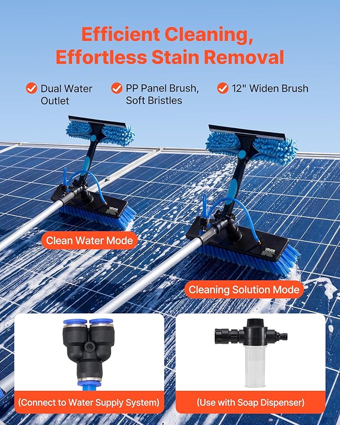 VEVOR Solar Panel Cleaning Kit, 20 ft, Water Fed Pole Kit with Cleaning Brush, Soap Dispenser, Extendable Aluminum Telescopic Pole, 180° Rotatable Brush Head, for Roof Mounted Solar Panels, Windows